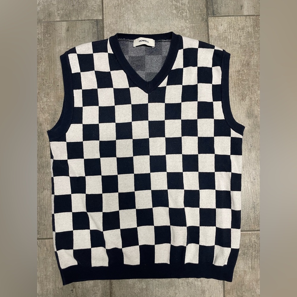 Navy and White Checkered V-Neck Sweater Vest